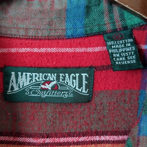 American Eagle 80's Vintage Plaid Flannel Long Sleeve Button Down Shirt Red XL - Picture 4 of 10